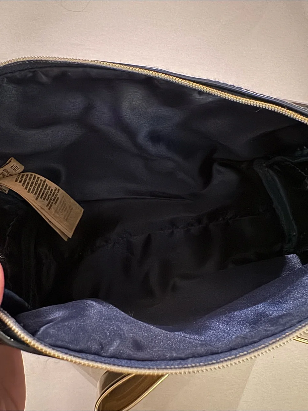 Ted Baker Blue Patent Cosmetic Pouch with Gold Bow Blue gemstone Accent